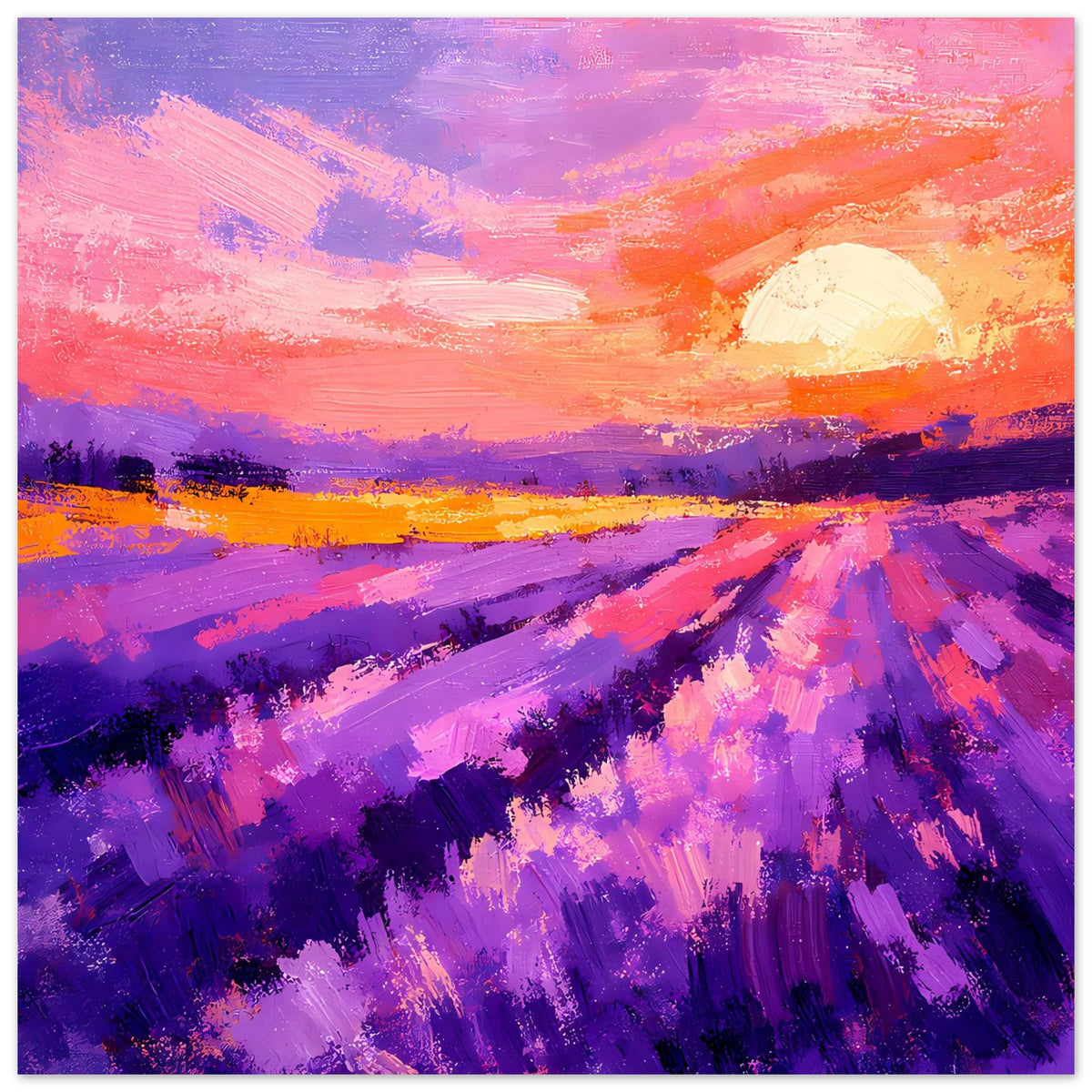 Poster im Quadratformat mit Lavendelfeld-Sonnenuntergang, kräftigen violetten Pinselstrichen