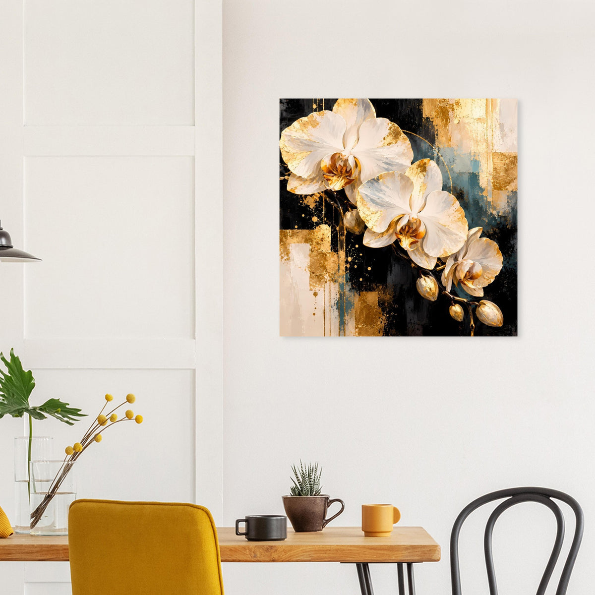 Wandposter mit weißen Orchideenblüten und goldenen Akzenten, kompakte Komposition
