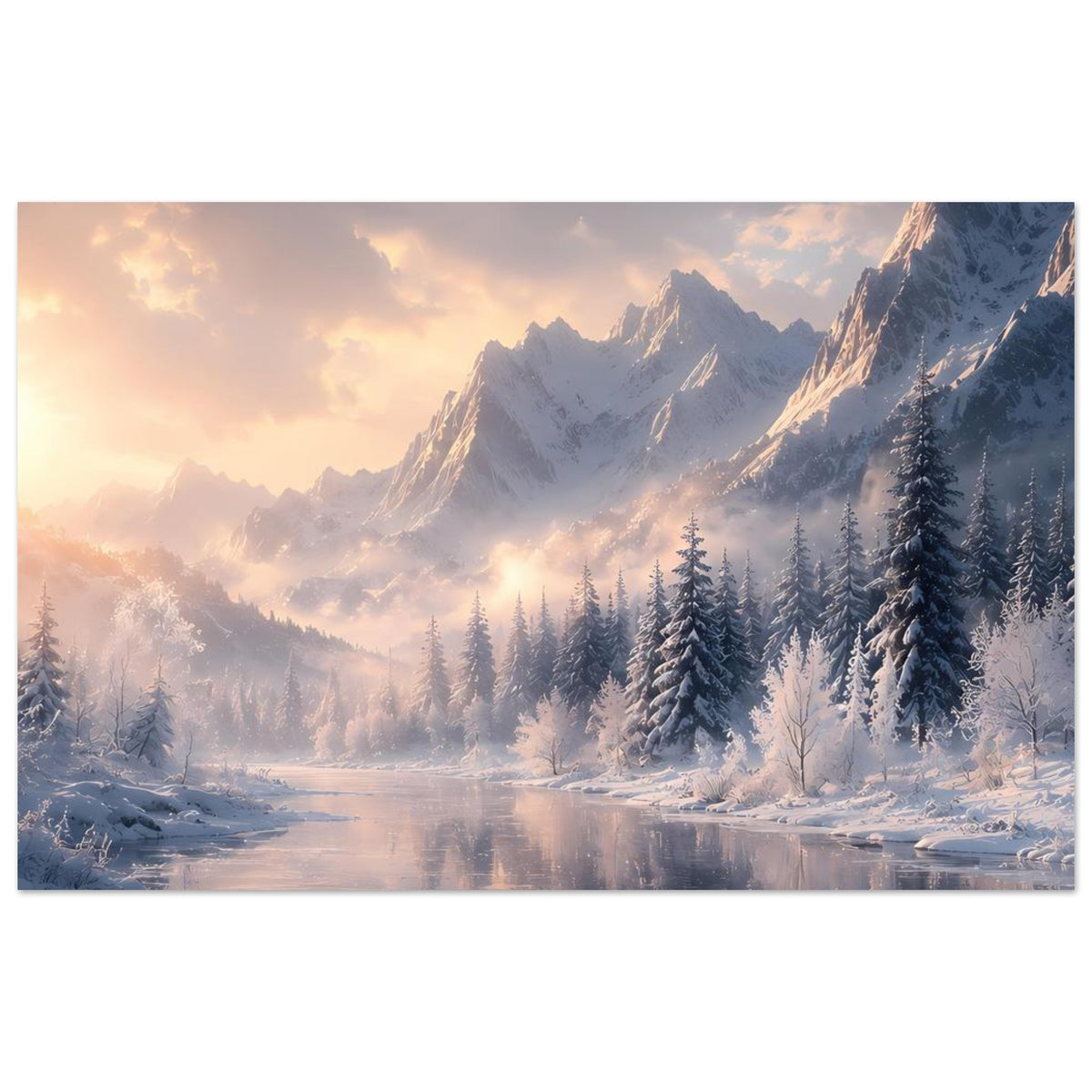 Winterlandschaft-Poster im Querformat: verschneite Bergkette, Nadelbäume und glatter Flussverlauf