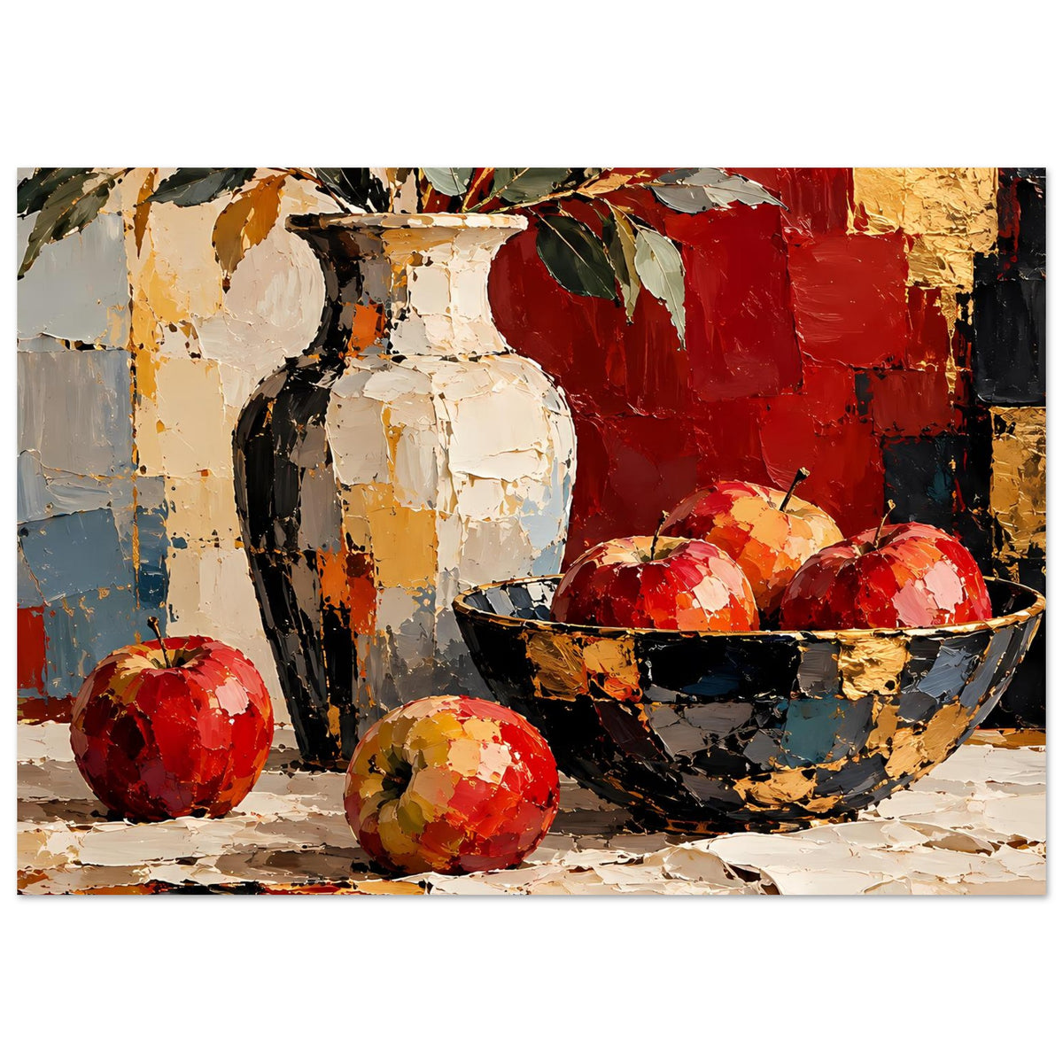 Kunstposter horizontaler Ausschnitt: Vase mit Blättern, Obstschale und rote Früchte