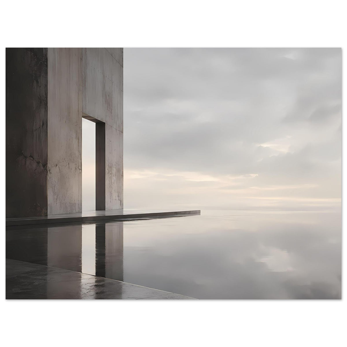 Architektur-Poster: dunkle Bodenkante links, Betonsäule und ruhige Wasserreflexion
