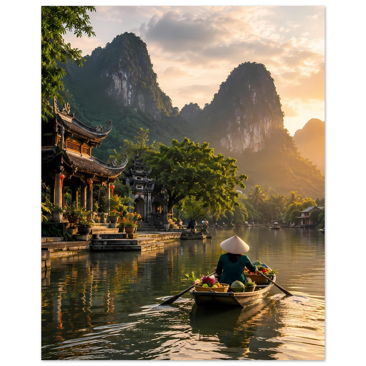 Poster mit Fluss und Person im Ruderboot, Pagoden am Ufer, Sonnenaufgangslicht