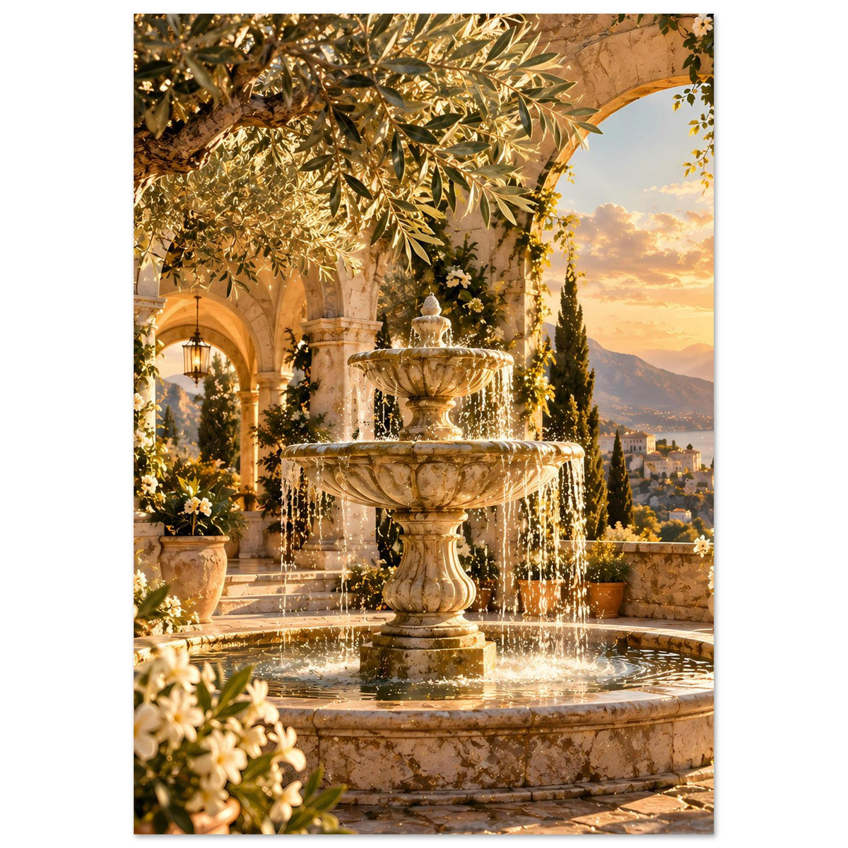 Kunstposter mit Brunnen in der Mitte, goldenen Blättern oben und Blick auf Küstenstadt