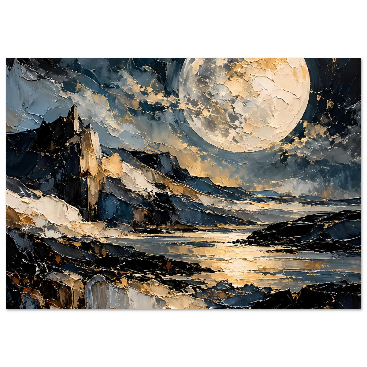 Horizontales Poster: goldener Vollmond über Berg- und Seelandschaft, abstrakte Pinselstruktur.