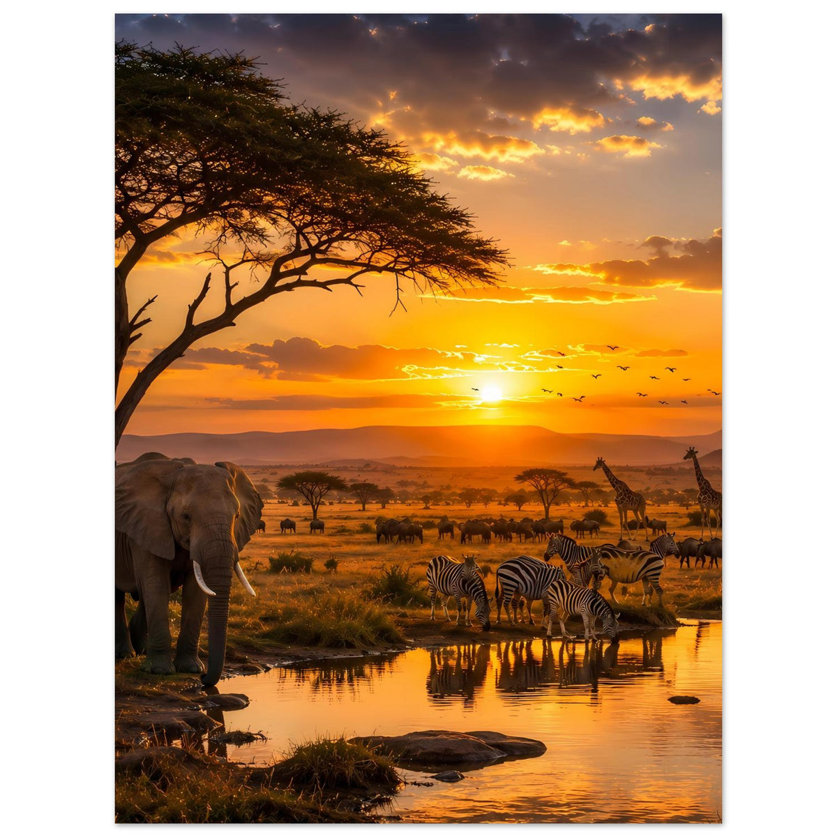 Poster mit Elefanten und Zebras an der Wasserstelle in der goldenen Savanne bei Sonnenuntergang