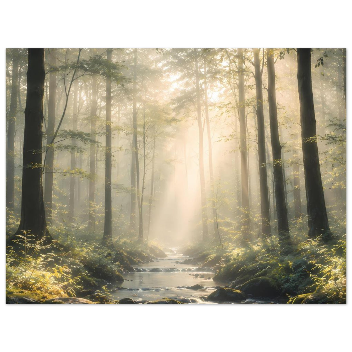 Naturposter mit Wäldern und Bachlauf in der Mitte, helle Lichtstreifen zwischen Stämmen