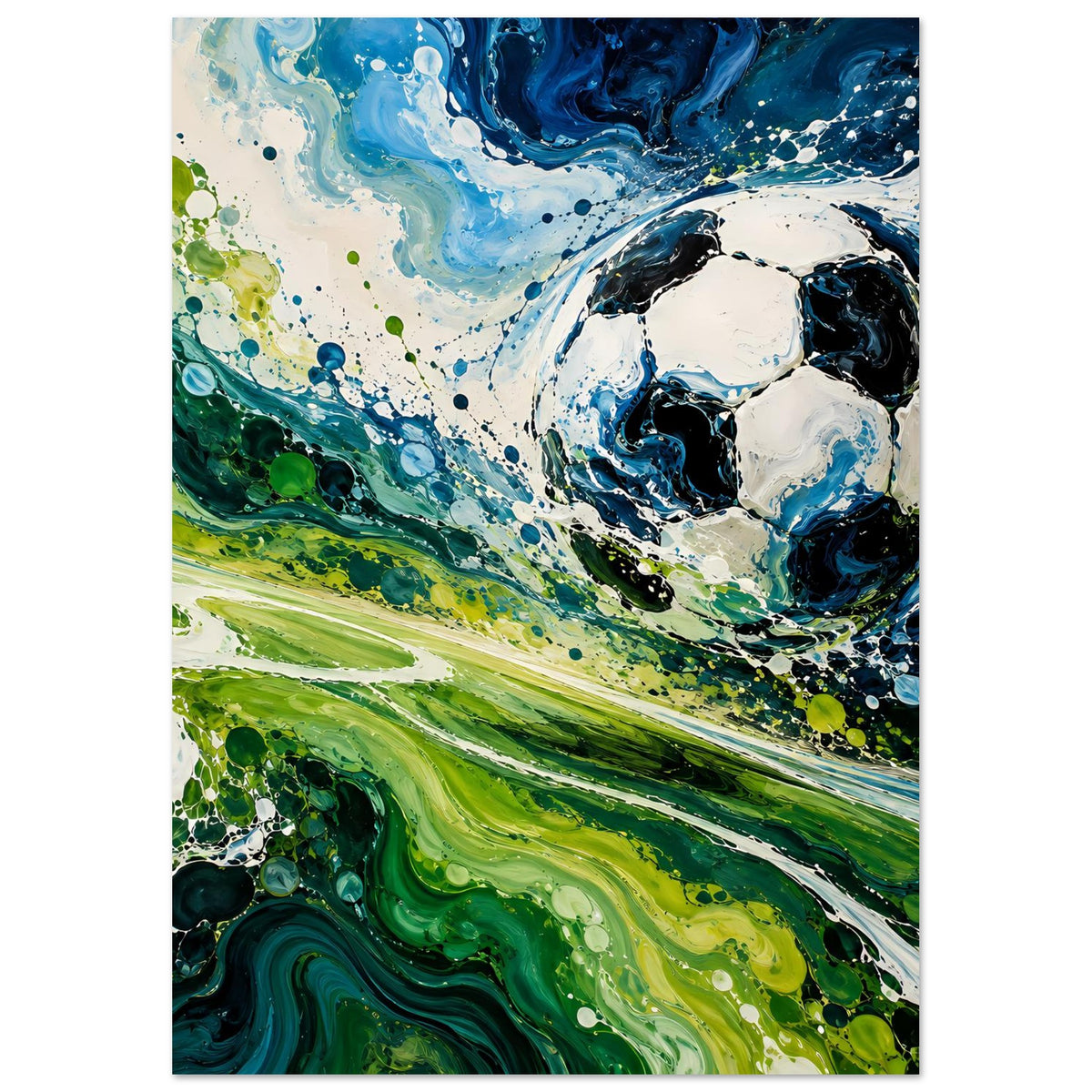 Kunstdruck im Hochformat: abstrakter Fußball mit Farbwirbeln und Sprühpunkten in Grün/Blau