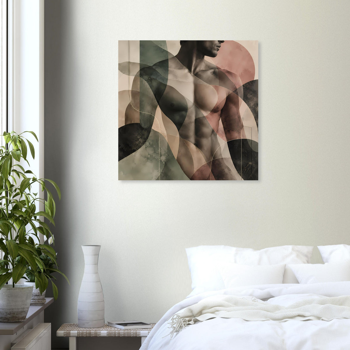 Quadratischer Kunstdruck mit abstraktem männlichem Akt in Grün, Beige und Braun