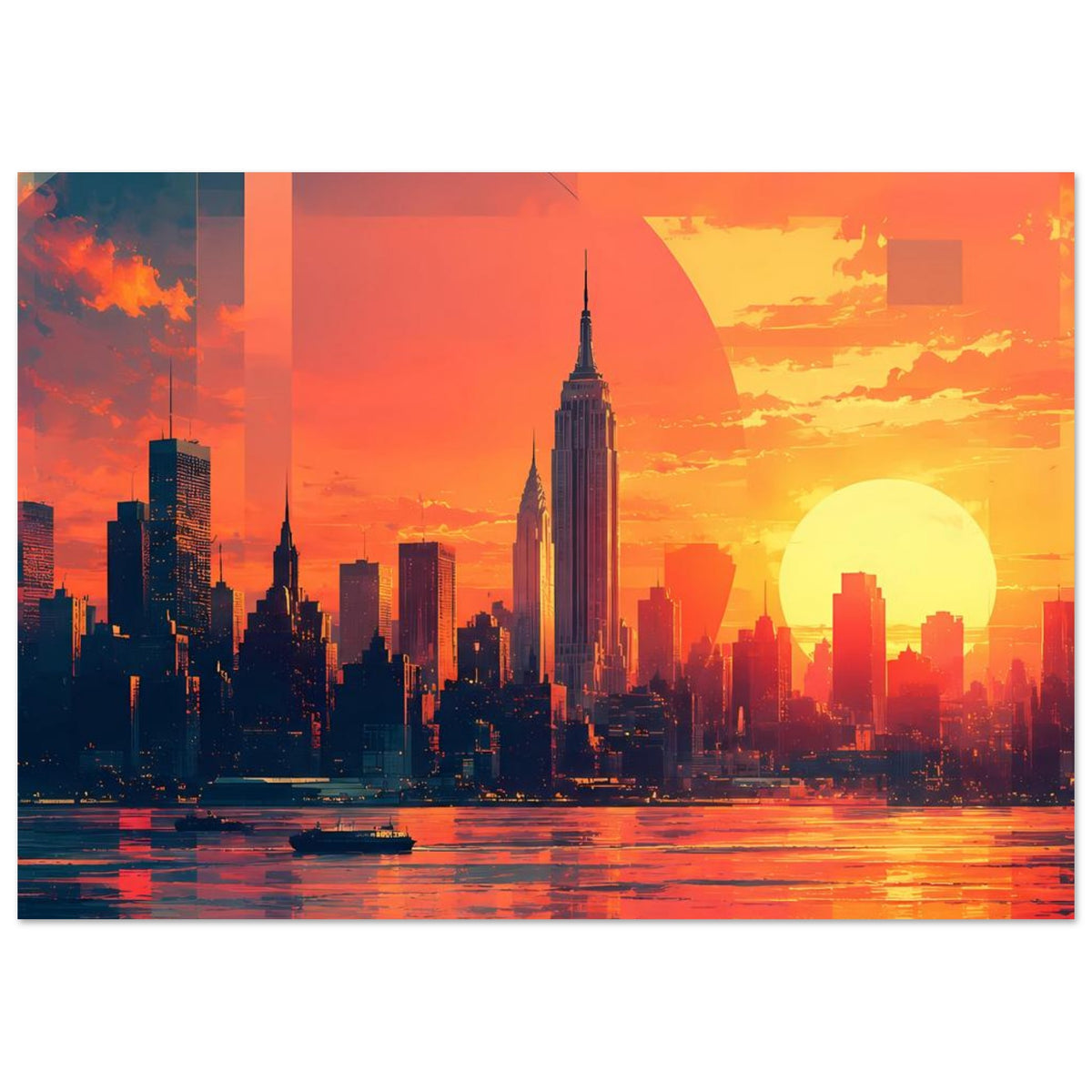 Horizontales Poster mit leuchtendem Sonnenuntergang, dunkler Skyline und reflektierender Wasseroberfläche.
