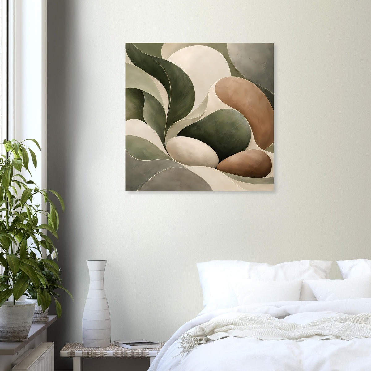 Abstraktes quadratisches Poster mit weichen Kurven in Olivgrün, Creme und Braun