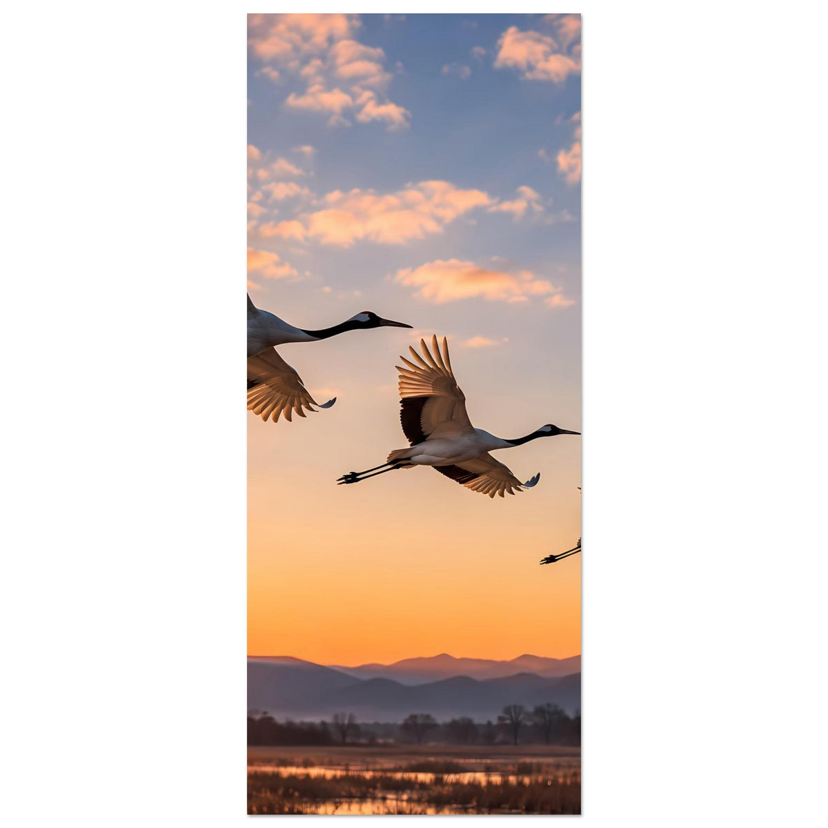 Poster im Hochformat mit drei fliegenden Kranichen vor orangefarbenem Abendhimmel