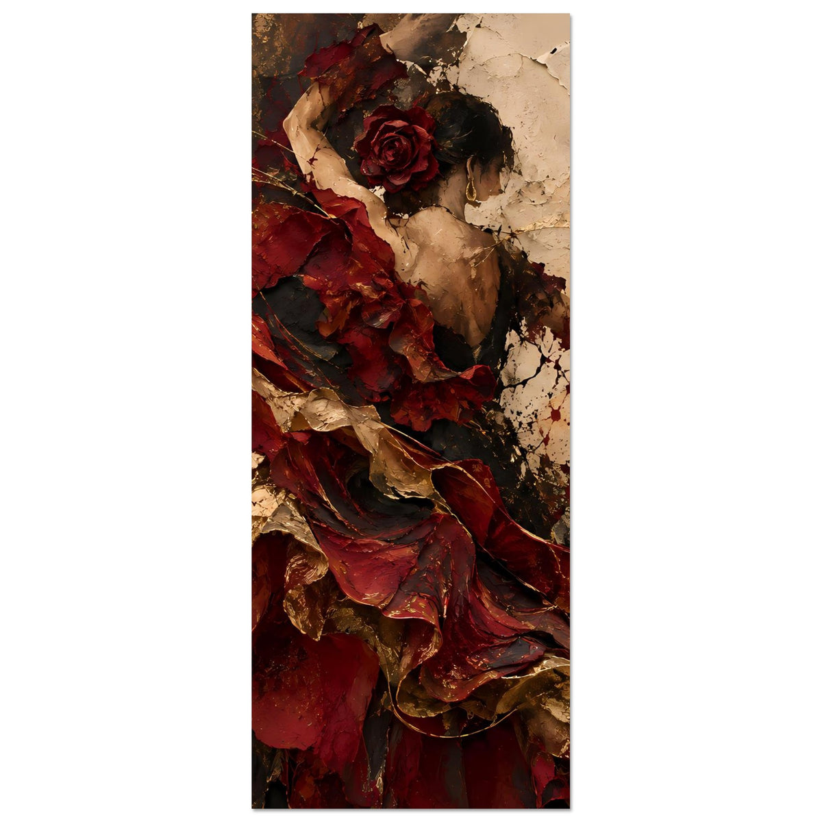Hochformatiges Wandkunst-Poster mit weiblicher Silhouette, roter Rose und abstrakten Faltenpartien