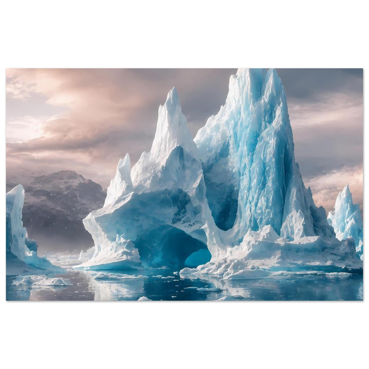 Breites Poster mit eisblauen Eisbergen, dunklen Schatten und reflektierendem Meer
