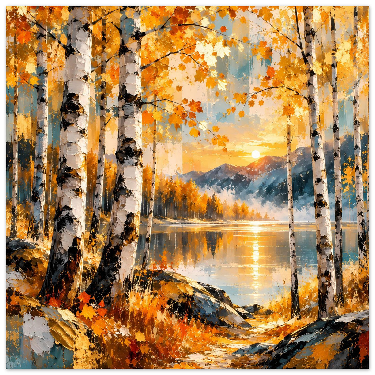 Herbst-Poster mit Birkenwald und Fels am Ufer, orange Laubtöne, sonniger Himmel