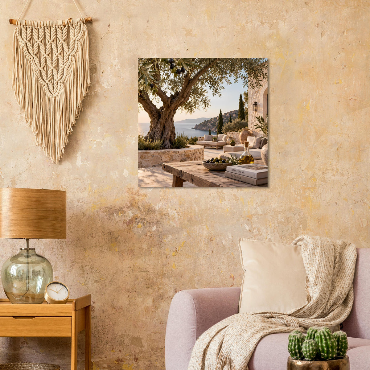 Poster mit Baum, Sitzbank und Meerblick auf einer mediterranen Terrasse