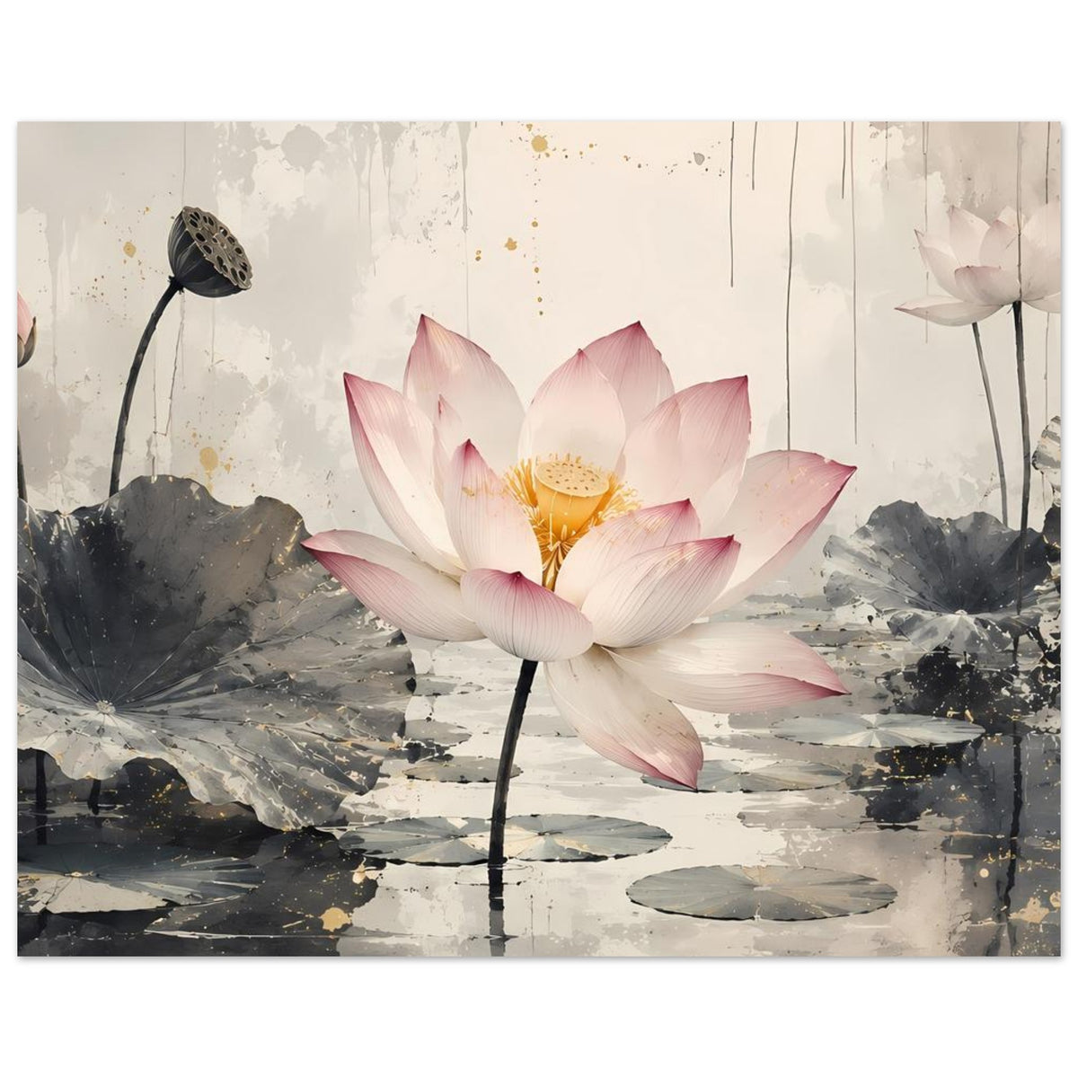 Zen-Poster mit Lotusblüte im Vordergrund und kleinerer Blüte rechts, grauer Teich