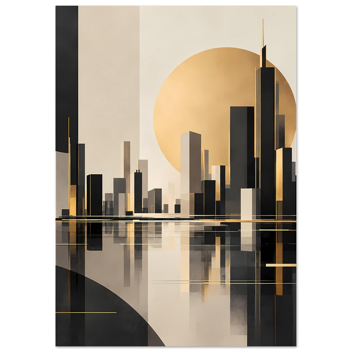 Poster-Ausschnitt mit Skyline und goldenem Kreis über dunkler, reflektierender Fläche
