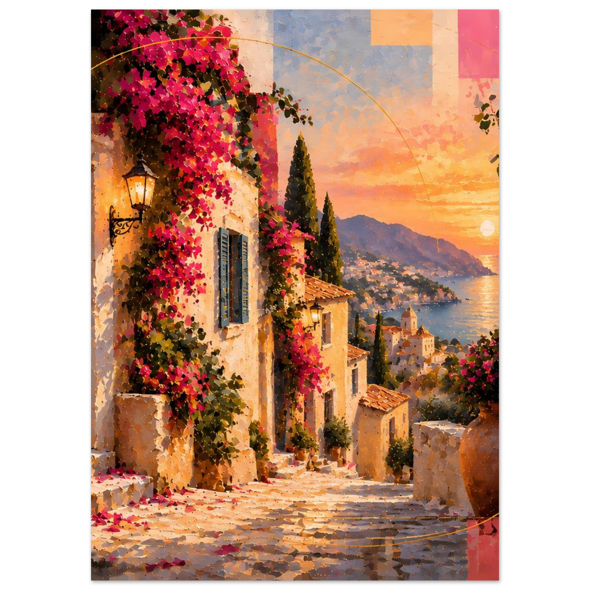 Poster im Hochformat mit blühenden Ranken an einer Hauswand, Laterne und Sonnenuntergang