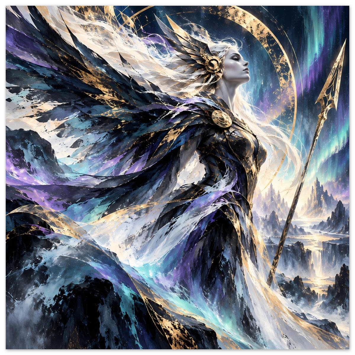 Fantasy-Göttinnenposter mit geflügelter Göttin, goldenen Akzenten und violett-blauen Lichterscheinungen