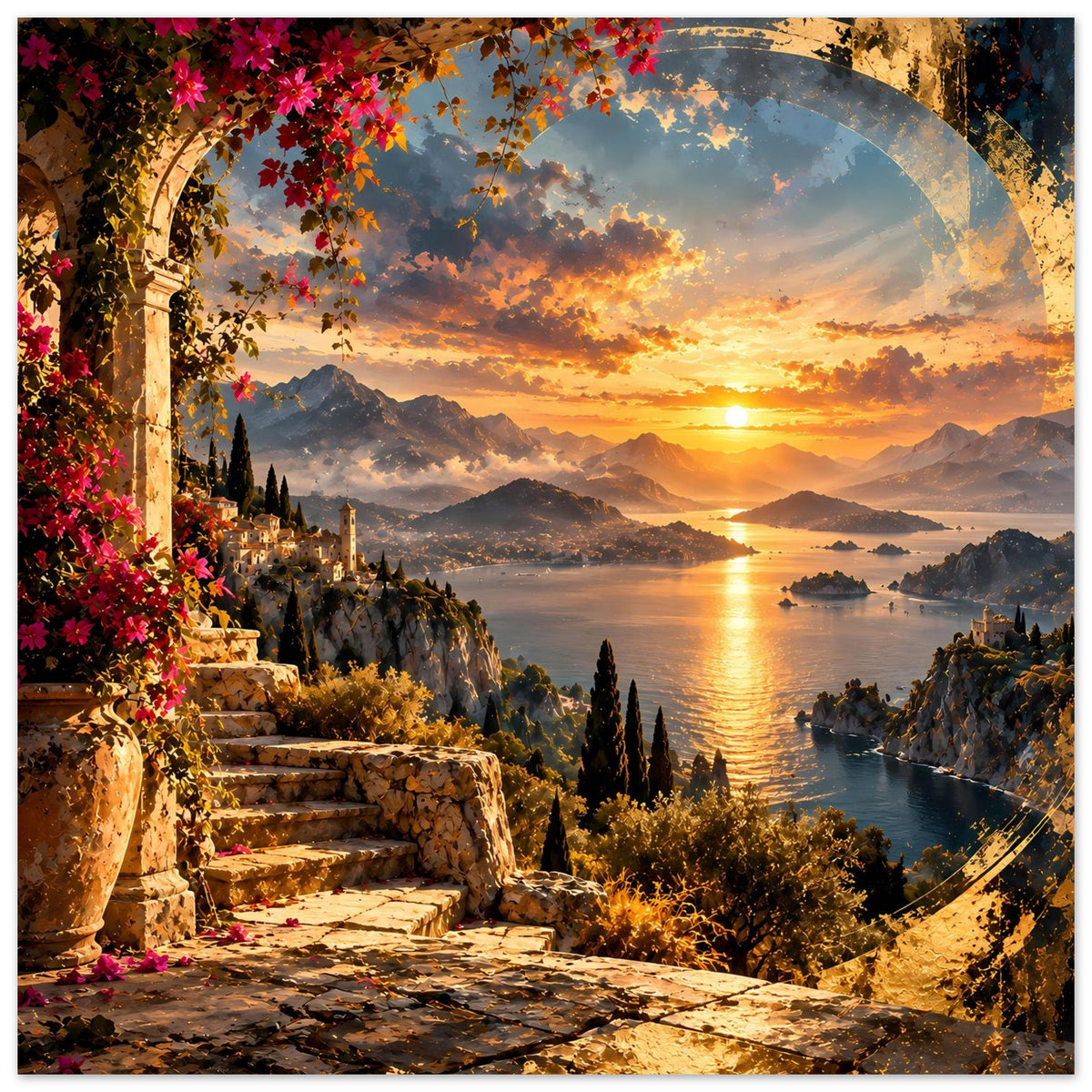 Küstenposter mit Rundbogen, goldener Sonne am Meer, Bergen, Steintreppe und Blüten