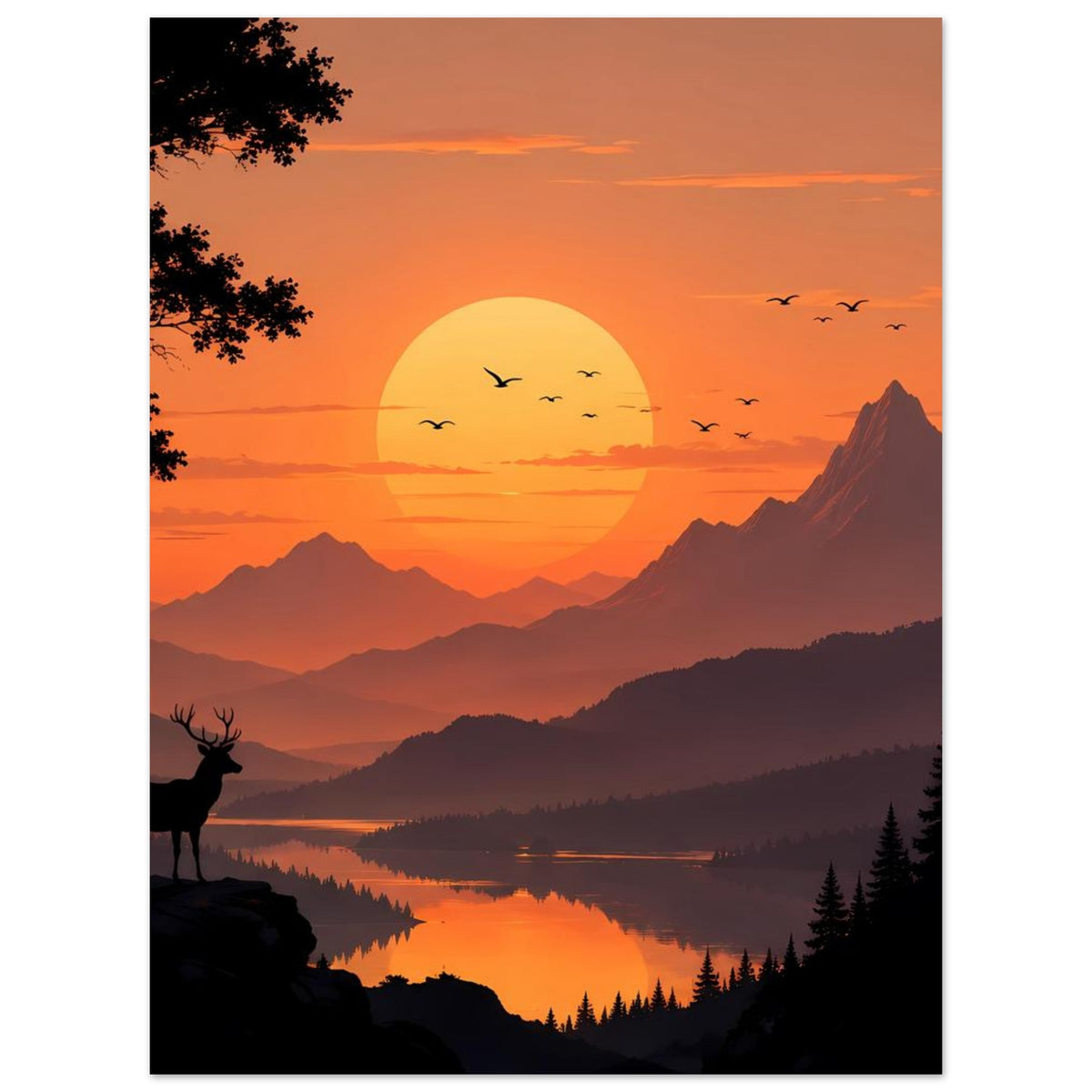Poster mit Sonnenuntergang über Bergsee, großer Sonne, Berggipfeln und Hirsch-Silhouette
