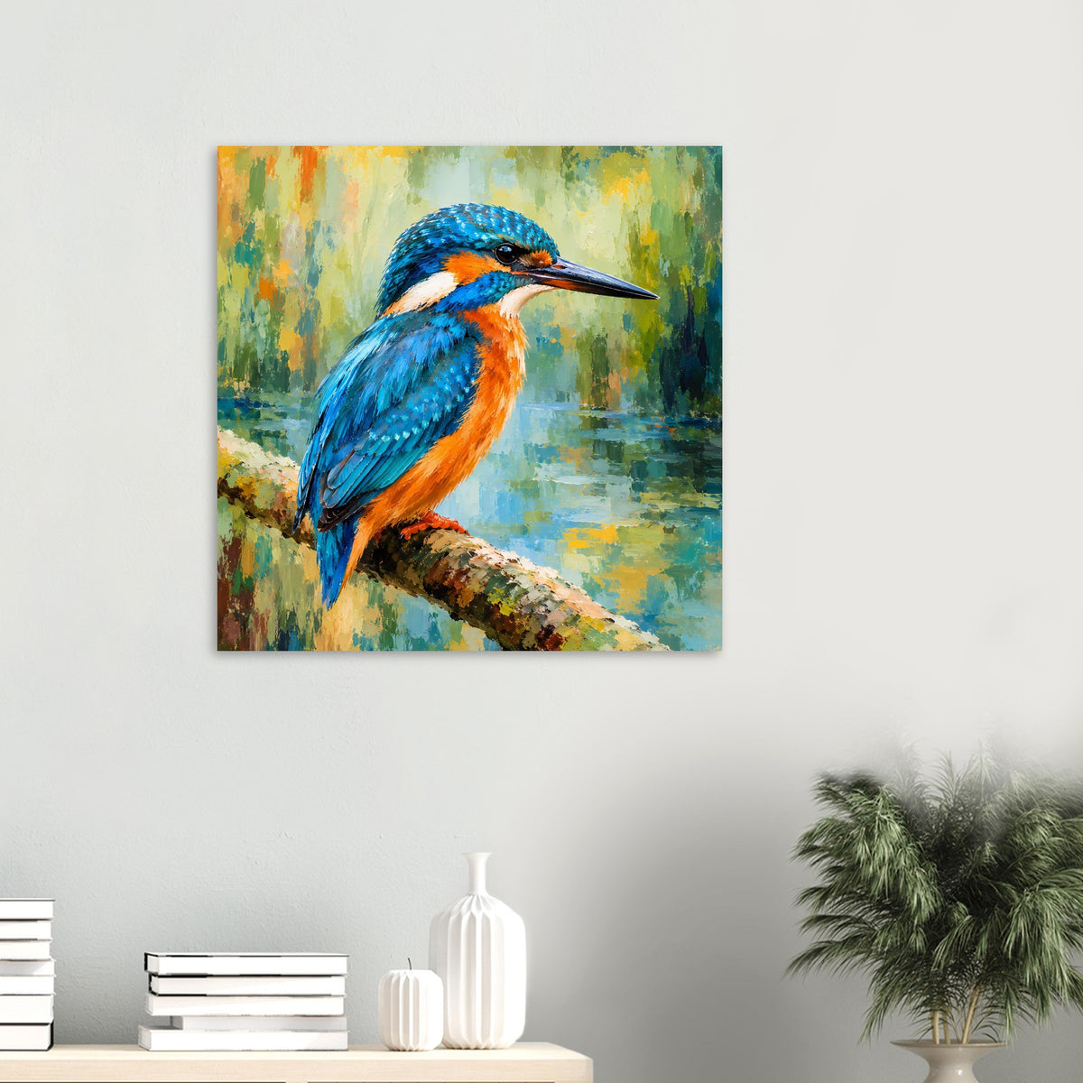 Vibrant Kingfisher Poster, Hochformat auf mattem Papier mit blau-orangefarbenem Vogel im Schwarmstil