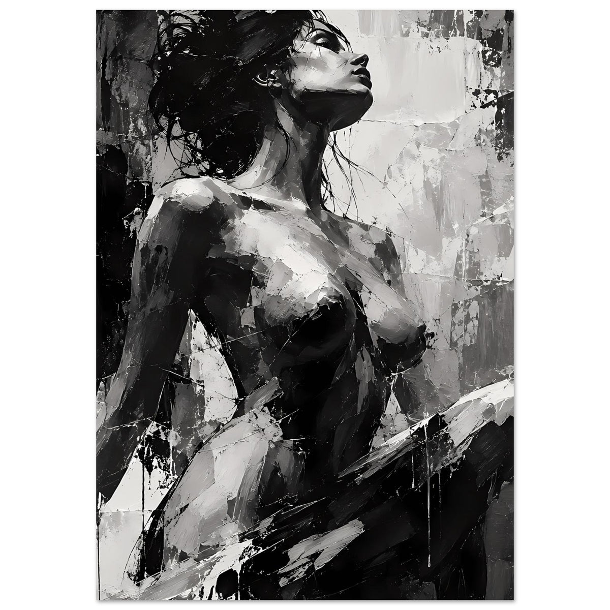 Schwarzweißes Kunstposter mit Frauenakt im Hochformat, abstraktes Schattenspiel