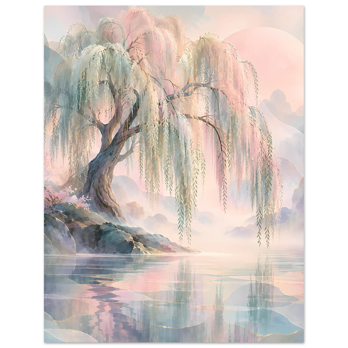 Hochformatiges Naturposter mit Trauerweide und hängendem Laub, Pastell-Töne