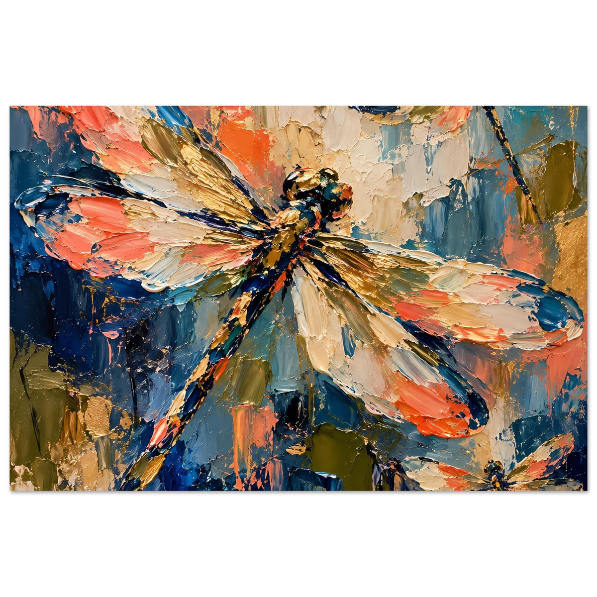 Kunstdruck Poster mit abstrakter Libelle, kräftige Pinselstriche in Blau-, Orange- und Goldtönen, Querformat