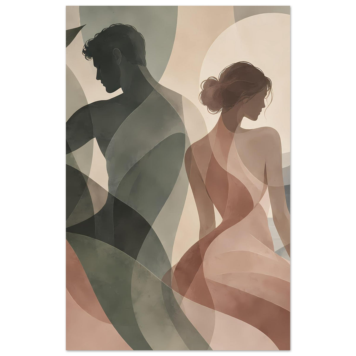 Ganzansicht des Liebesposters mit zwei Frauen, abstraktem Grün und Rosatönen