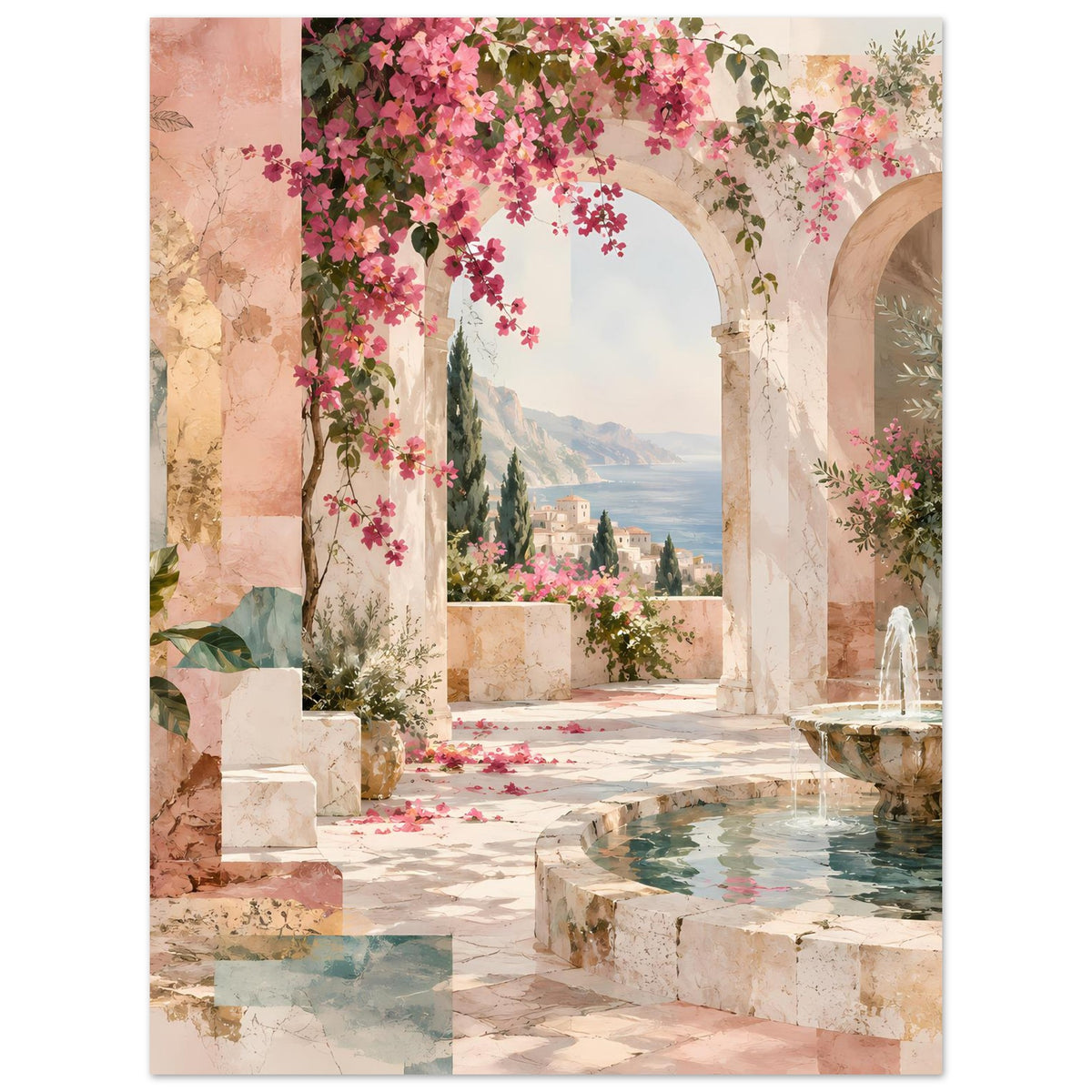 Kunstposter: Bogenarkaden mit rosa Blüten, Gartenweg und Brunnenbecken.