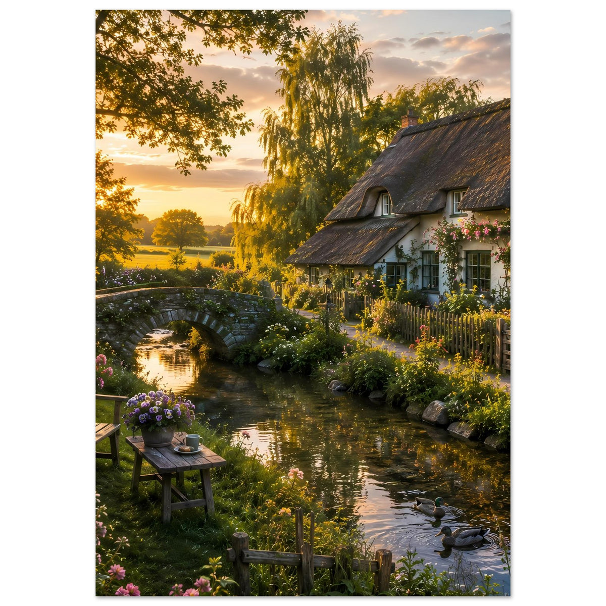 Landhaus-Poster Hochformat: Flussufer mit Enten, Blumen, Landhaus und Brücke