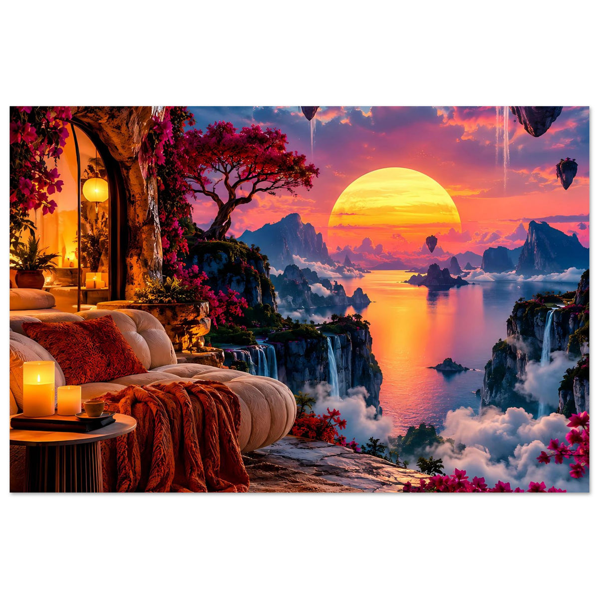 Poster: surreale Sonnenuntergangsszene mit Fluss, Inselbergen, Wasserfällen und lila Blüten.