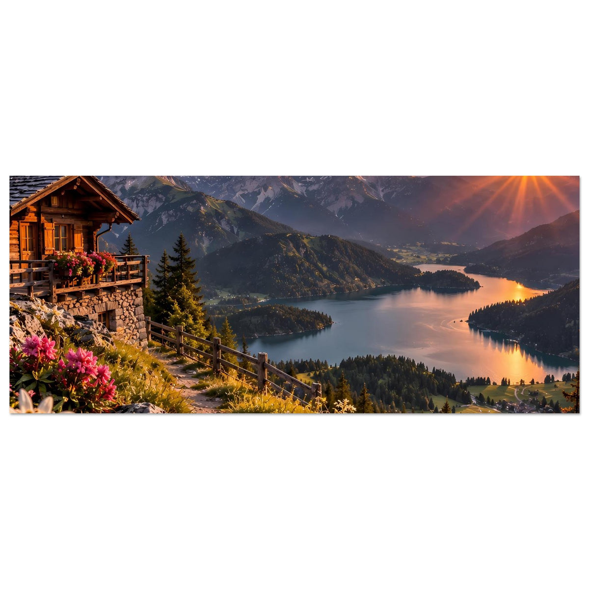 Querformat Poster mit Alpenlandschaft: Hütte, See, Berge und warmem Sonnenuntergang