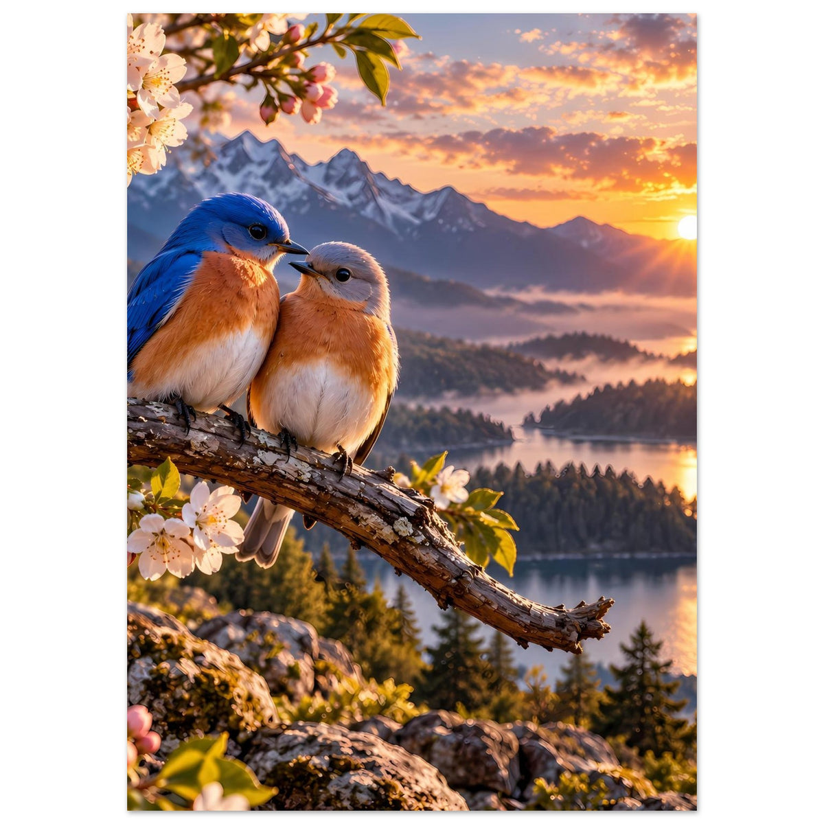 Poster mit zwei Vögeln auf Ast, Blütenzweige links, Sonnenuntergang mit Bergsilhouette