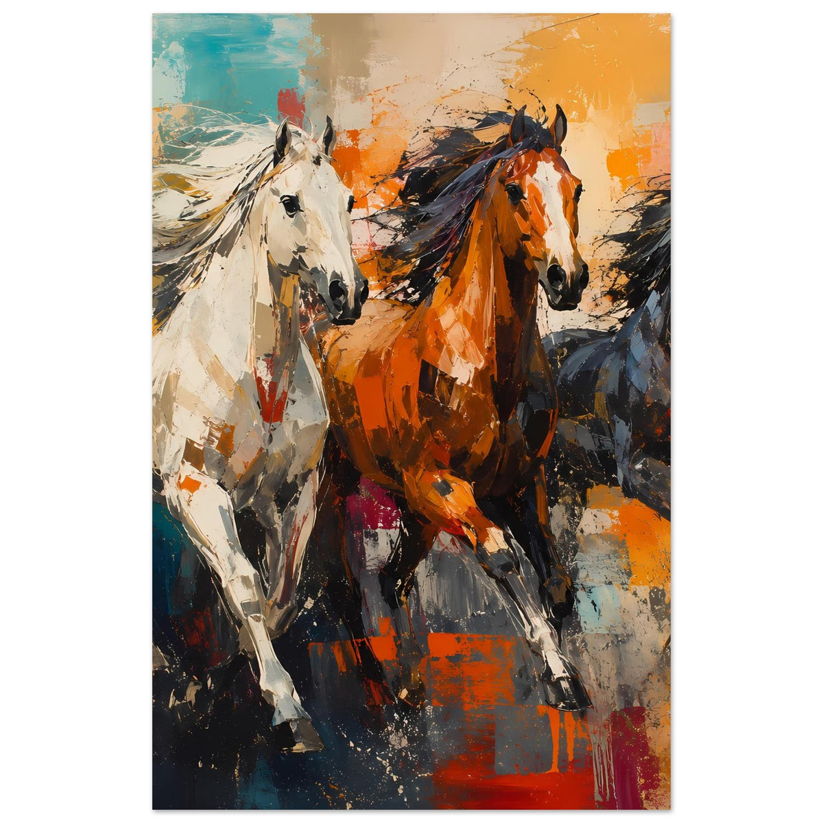 Hochkant-Poster mit drei Pferden im Galopp, abstrakte Farbflächen in Orange und Blau