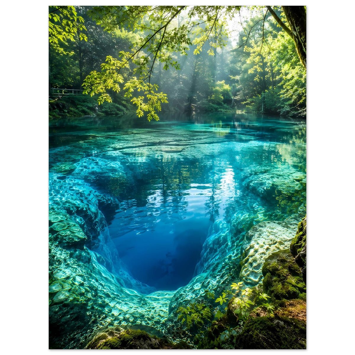 Vertikales Poster: Waldquelle mit blaugrünem Wasser, Felsränder und gelbem Blattzweig im Bild.