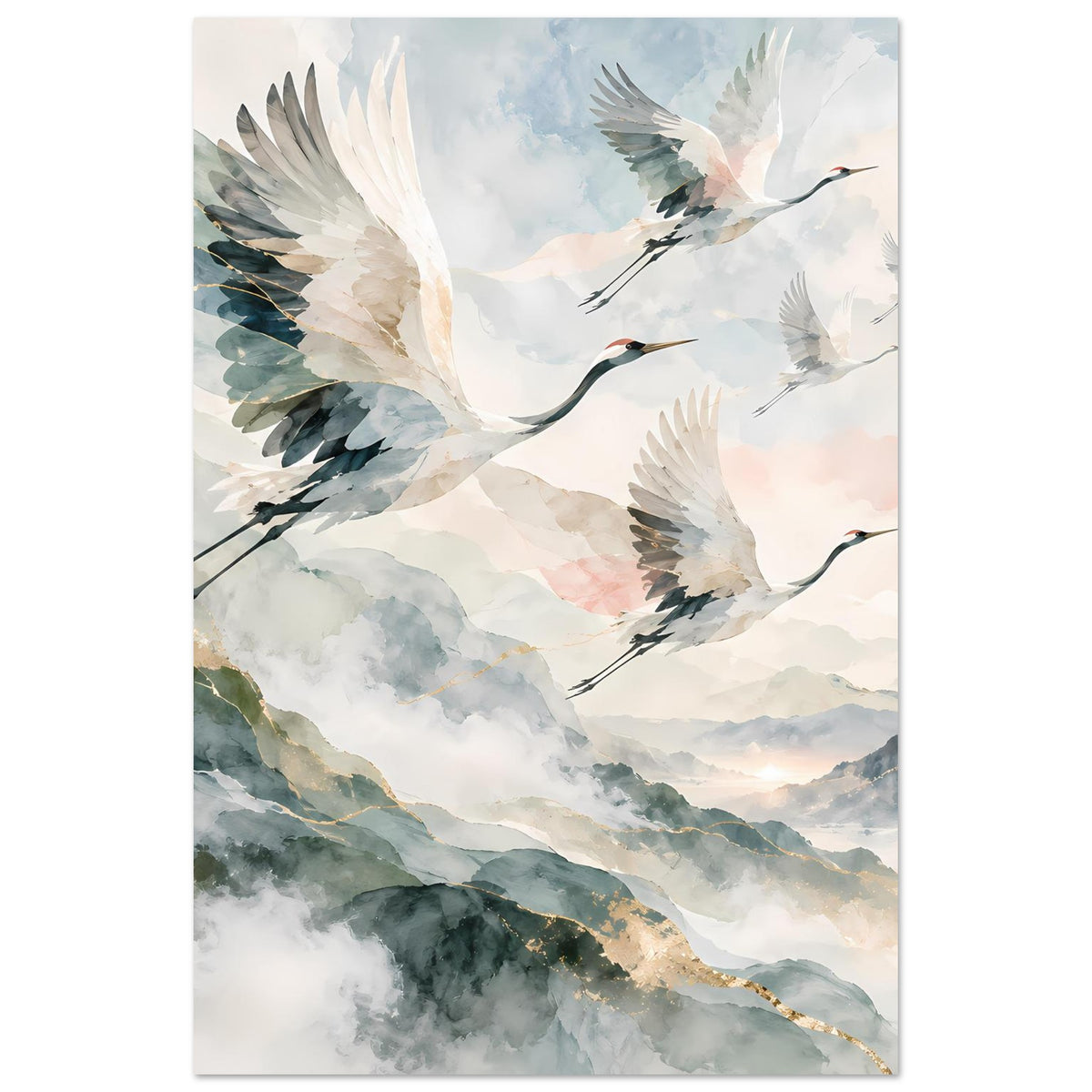 Vertikales Poster mit fliegenden Kranichen, Aquarellhimmel und Goldakzent am Berggrat