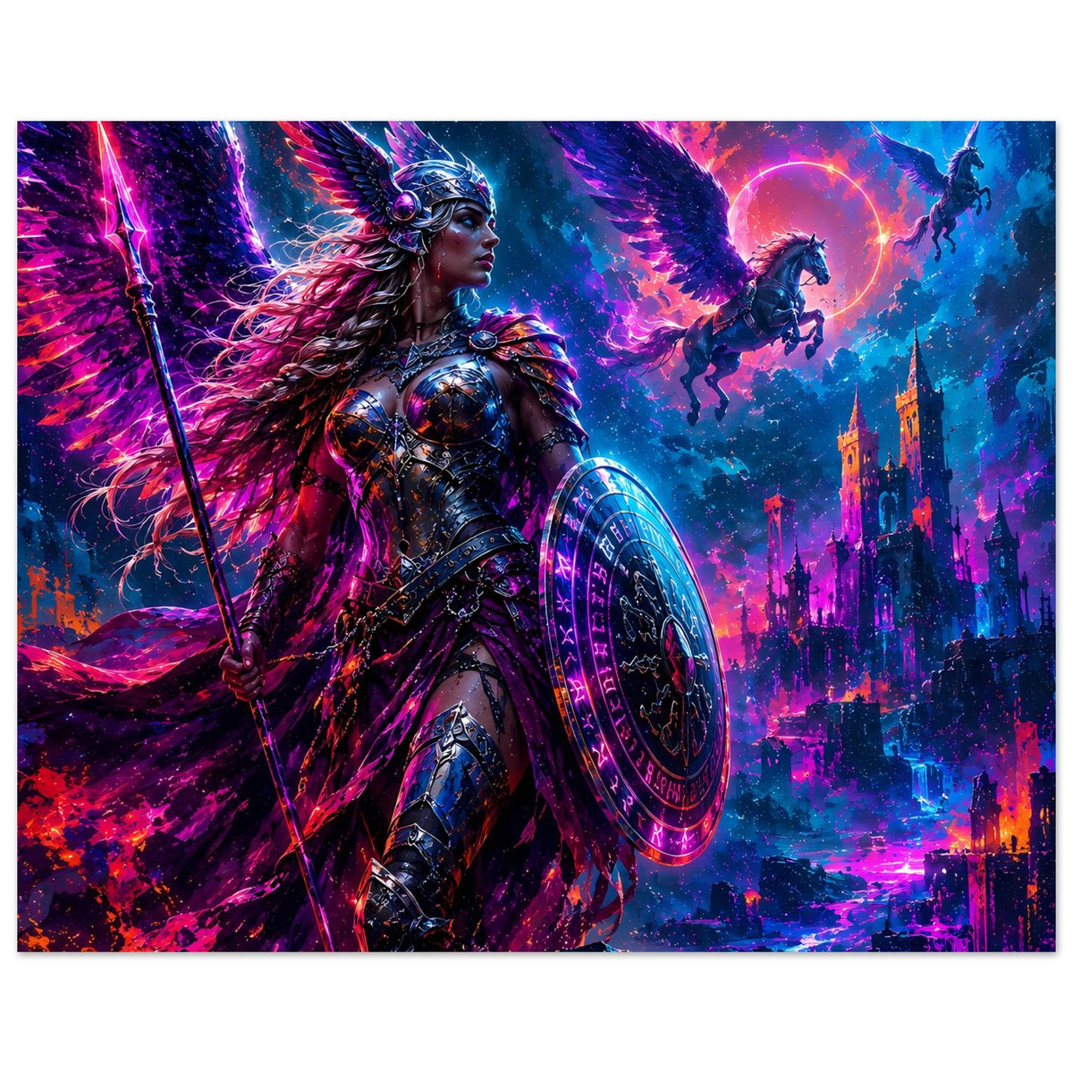 Fantasy-Poster: Valkyrie-Kriegerin mit Flügelhaaren, Speer und leuchtendem Rundschild