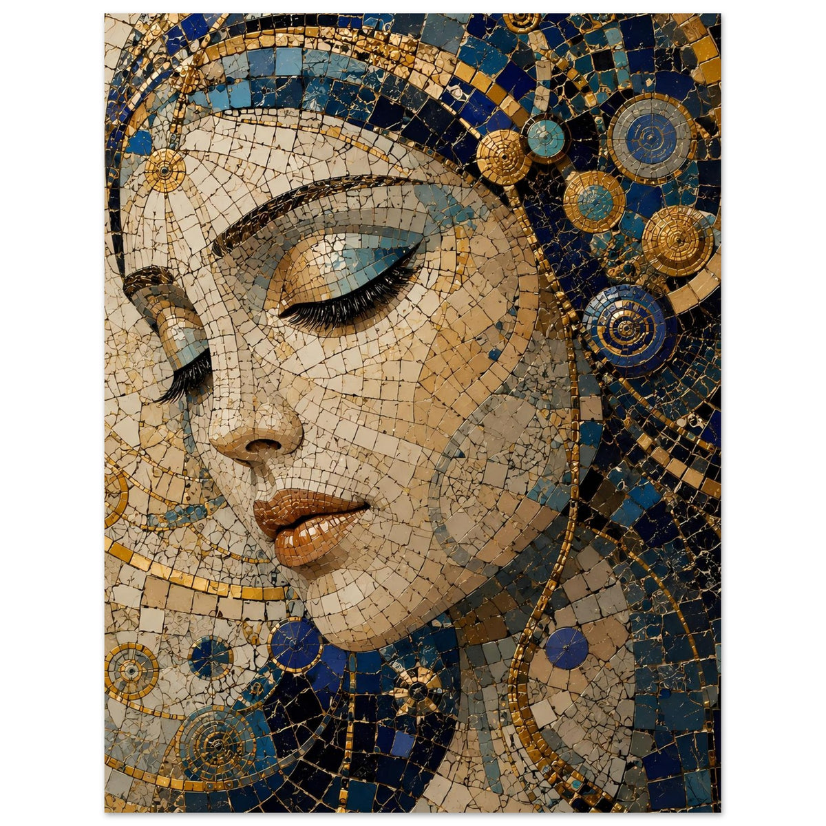 Poster mit Mosaik-Porträt einer Frau in Blau-Gold, dekorative Kreise und Linien