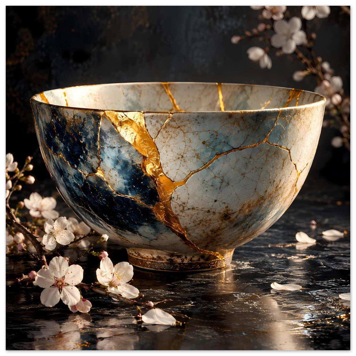 Kunstposter mit Kintsugi-Schale: goldene Risse, blau-weiße Keramikdarstellung und Blütenblätter