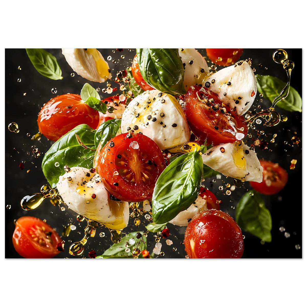 Caprese-Salat-Poster im Querformat: Tomaten, Mozzarella und Basilikum mit Spritzern.