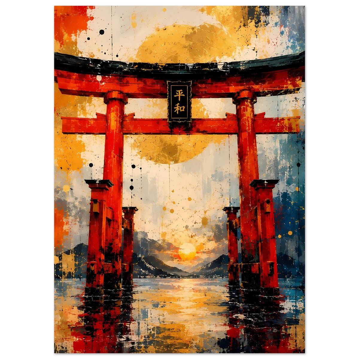 Poster mit Torii-Tor, markante rote Pfosten, schwarzes Dach und blau-graue Spritzer am Rand