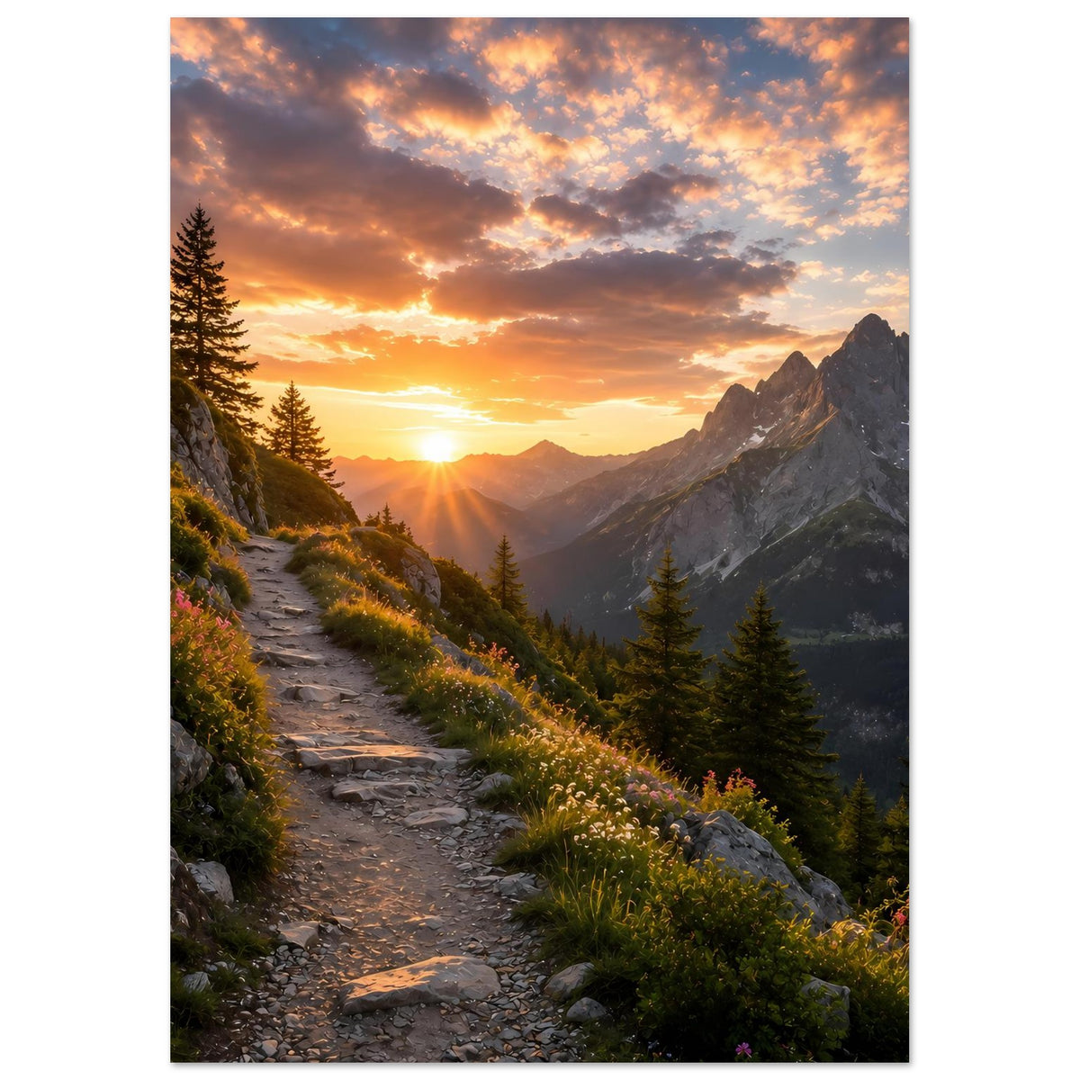 Vertikales Poster mit felsigem Weg, gelbgrünen Gräsern, Tannen und Sonnenaufgang