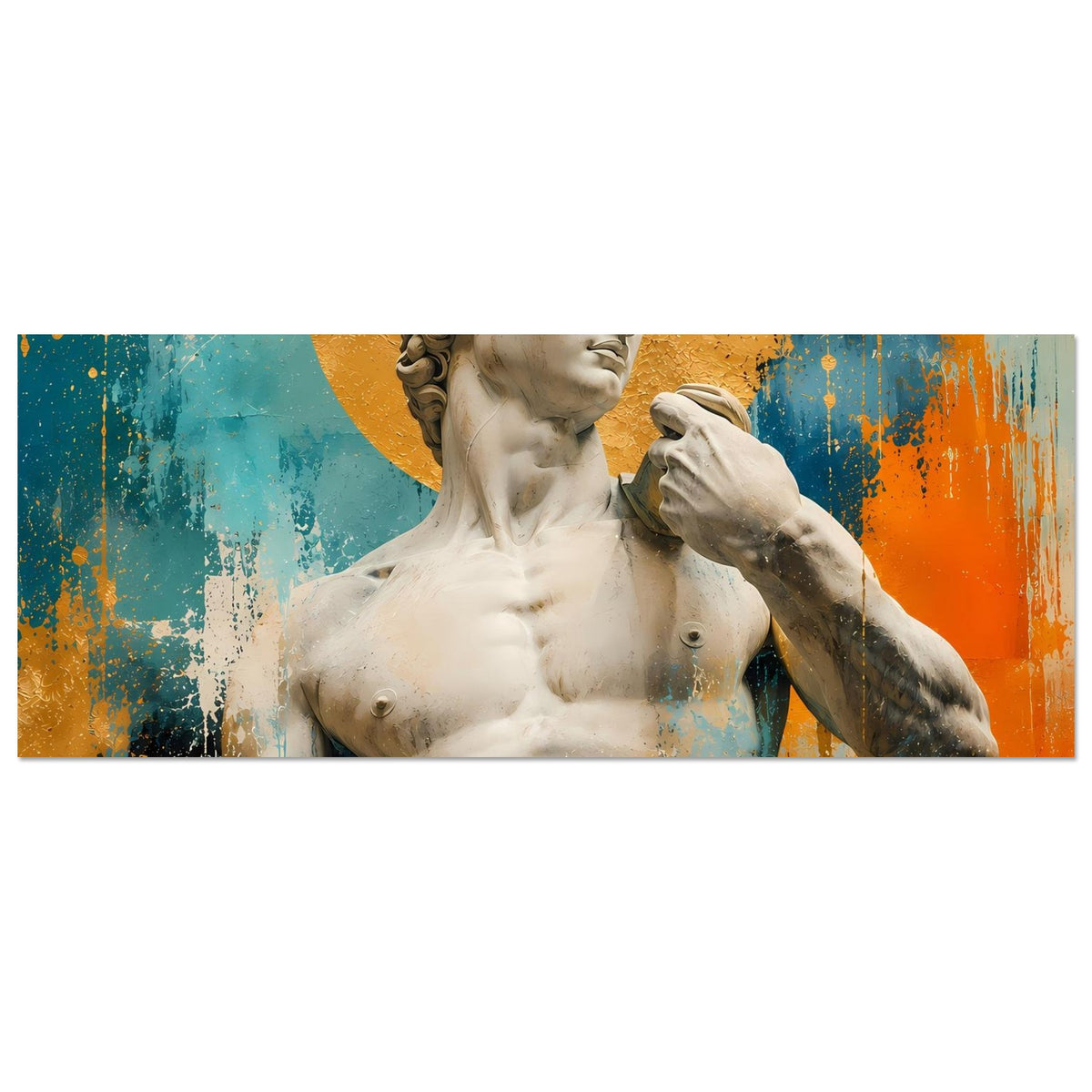 Poster, horizontal: Michelangelos David, goldener Kreis, Oberkörper und erhobene Hand