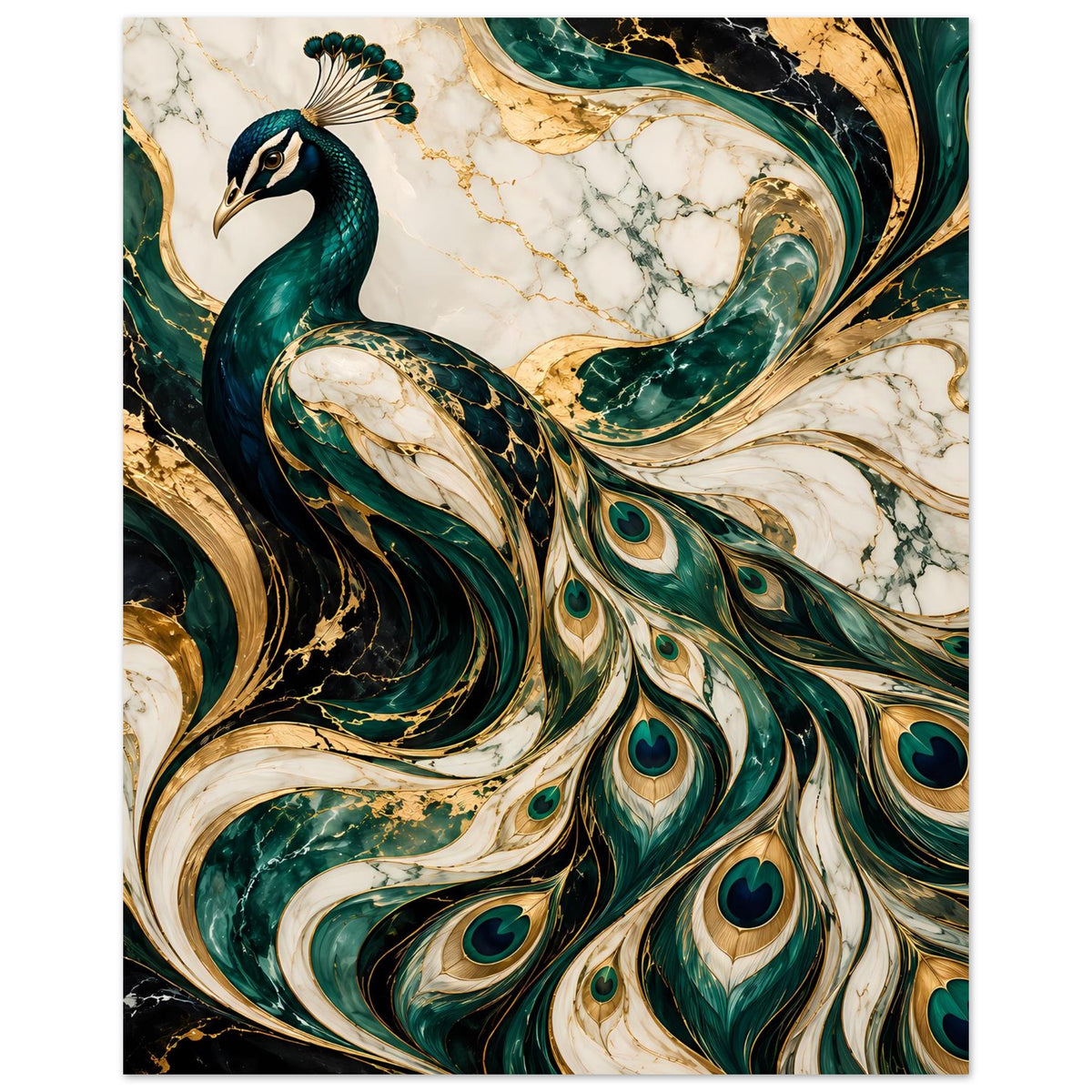 Poster im Hochformat mit Pfau und geschwungenen Federn in Smaragdgrün, Gold und Creme
