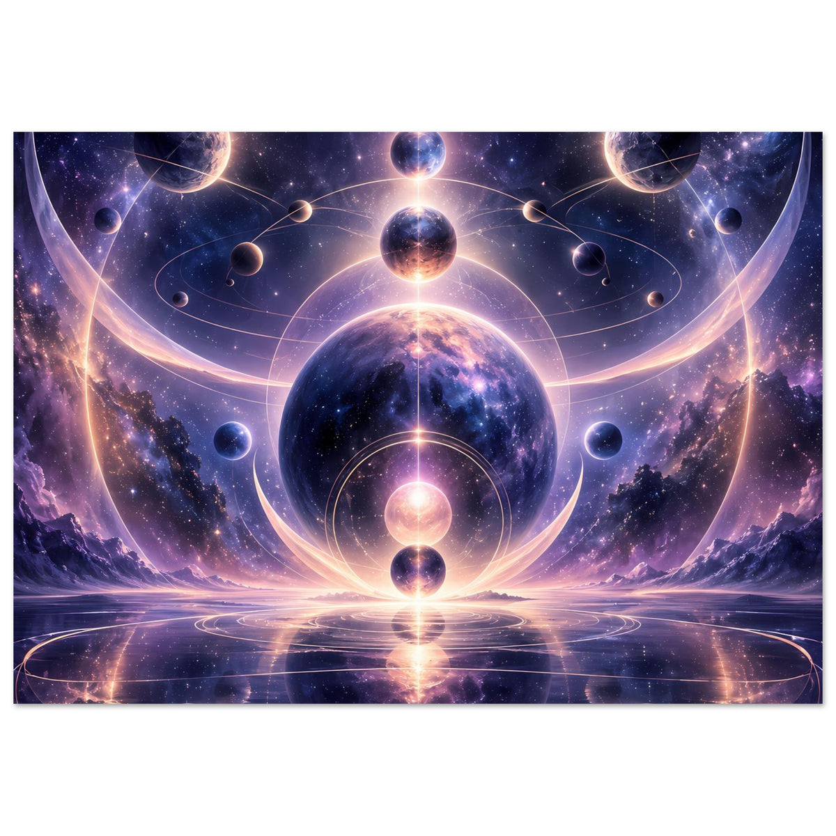 Horizontales Poster mit kosmischem Zentrum: Planeten, Ringe und violett-goldene Lichtlinien
