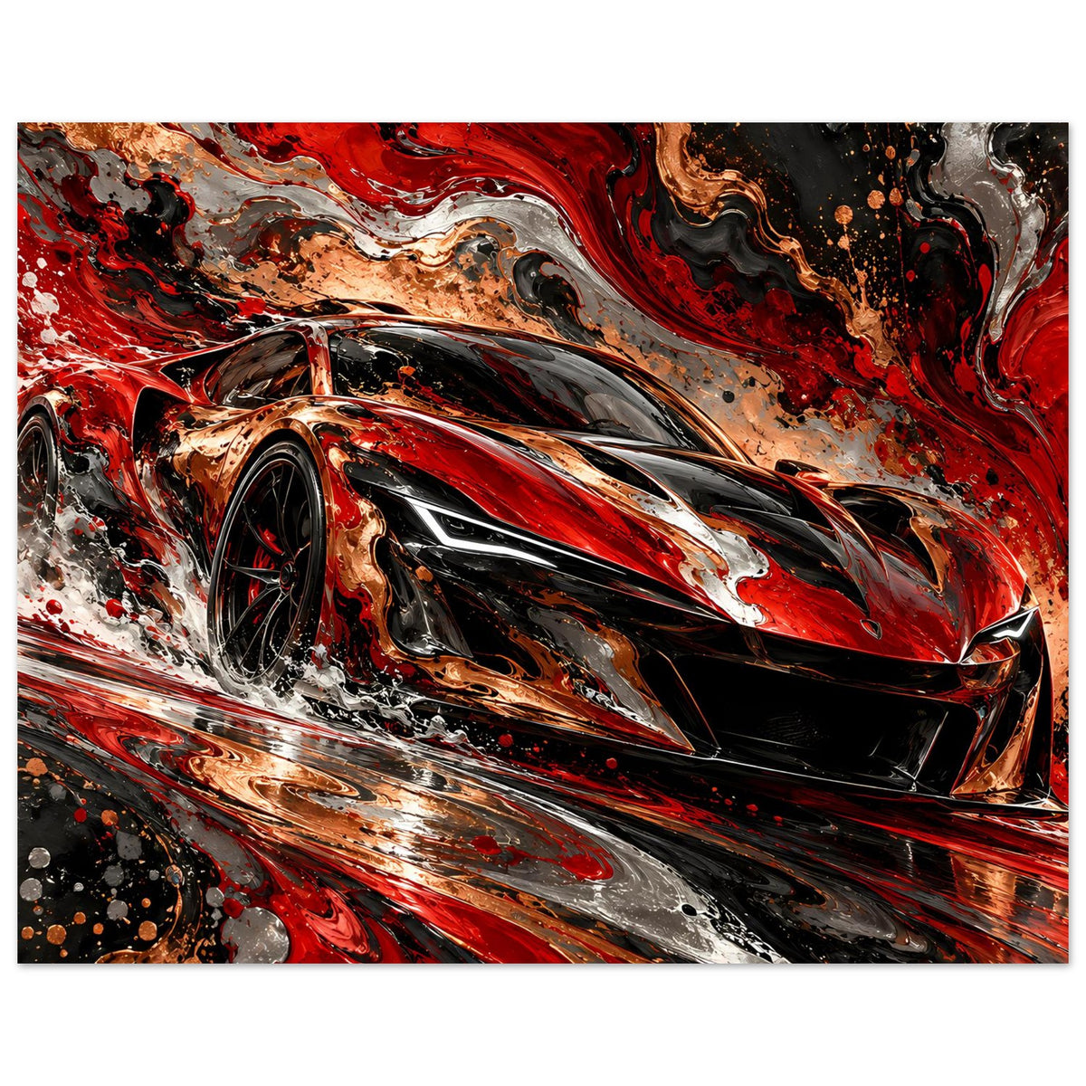 Abstraktes Sportwagen-Poster, 3/4-Ansicht des schwarzen Boliden mit Kupferrot-Details