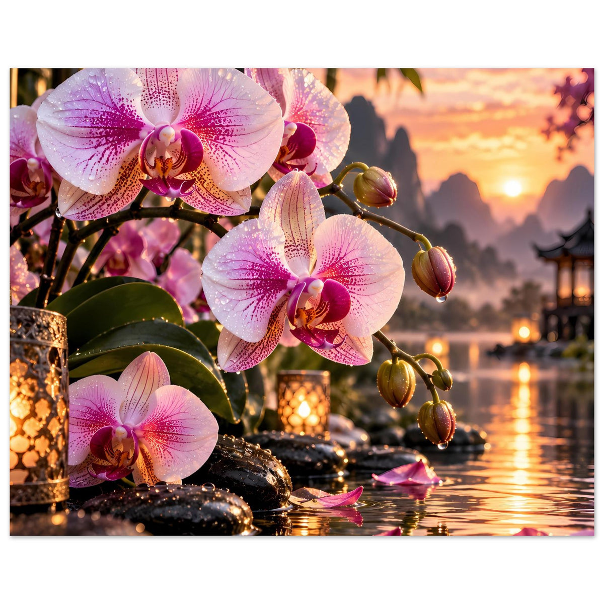 Poster mit rosa Orchideen an goldenen Windlichtern am See bei Abendsonne