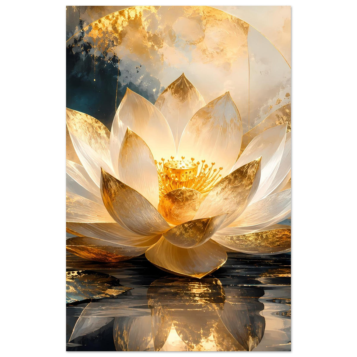 Kunstposter mit Lotusblüte in Gold- und Weißtönen, sichtbar mit Rahmen